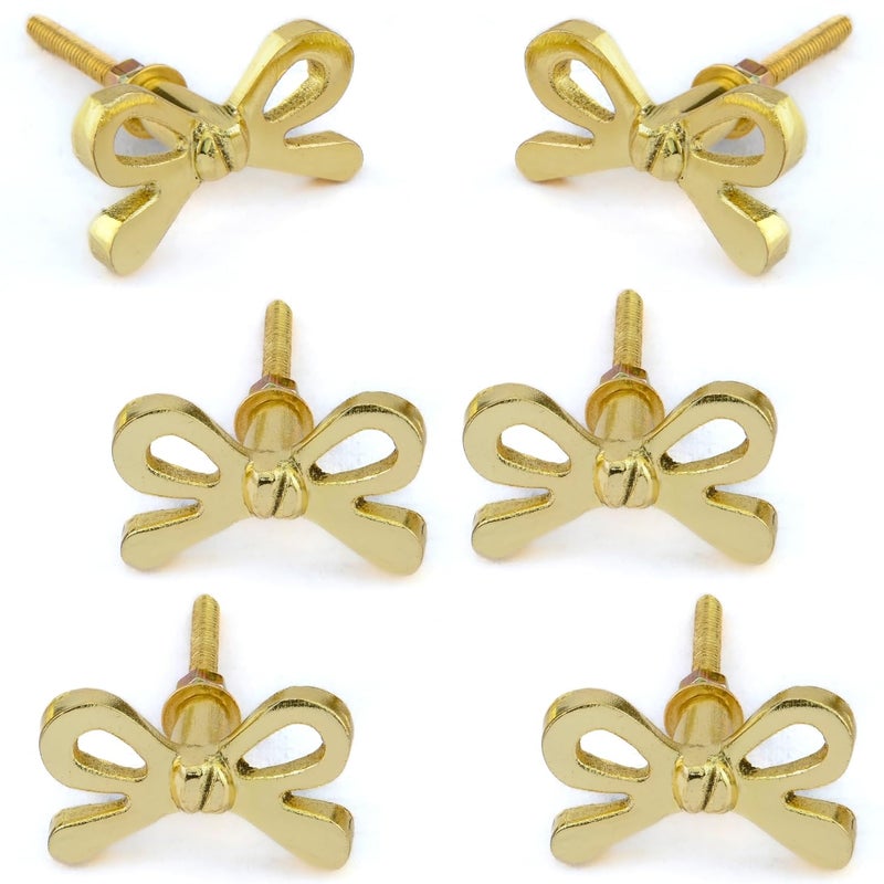 Perilla Home Set of 6 Brass Bow Knobs for Cabinet & Drawers Decorative Bow Knobs for Home Kitchen Cabinet Hardware Cupboard Metal knobs Door Dresser Wardrobe and Drawer Pulls - Image 1